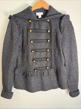 LOFT 100% Merino Wool Military Gold Button Peplum Sweater Jacket - Gray, Small